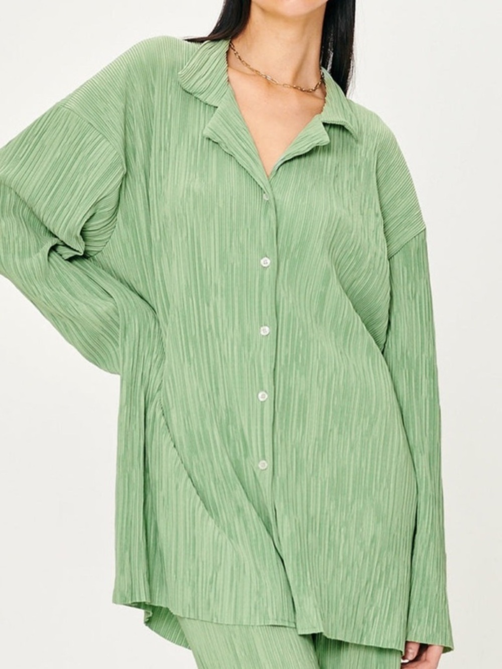 storets oversized Pleated Button-Front Shirt in Sage Green